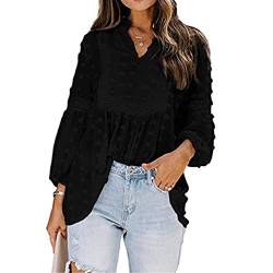 Frauen-beiläufige Chiffon-Bluse Damen-Chiffon-Shirt bestickte Chiffon Panel Spitze V-Ausschnitt Shirt für Casual, Party (Farbe : Black, Size : L) von JTRHD