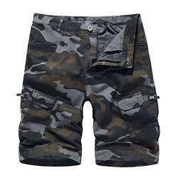 Cargohose Herren Kurz Camo Herren Kurze Cargohose 3/4 Shorts Herren Camouflage-Shorts im Militär-Stil Loose Fit Arbeitshose Vintage Herren Cargo Hose Herren Cargo Slim Fit Viele Taschen Schwarz von JUANMAO