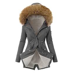 JUBEN Schwarze Jacke Damen Damen Taglich Plus Size Wintermantel Reverskragen Langarm Jacke Vintage Dicker Mantel Jacke Warm Kapuze Dick Gepolsterte Oberbekleidung Longline Puffer Mantel, Grey, 50 von JUBEN