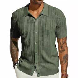 Herren Kurzarm-Strickhemd Casual Button Hollow Out Beach Shirt (Grün, XL) von JUDEWY