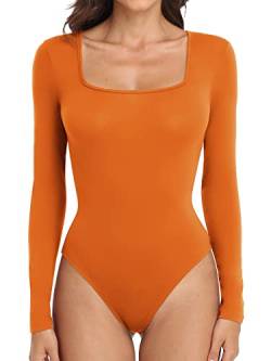 JUEYUN Damen Quadratischer Ausschnitt Kurzarm Langarm Bodysuit Slim Fit Sexy Body Suit Basic Jumpsuit Tops, 07 Orange, XL von JUEYUN