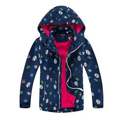 JUIYNIZT Mädchen Kinder Wasserdicht Jacken Übergangsjacke Fleecefütterung Warm Atmungsaktiv Winddicht Wanderjacke Regenmantel Outdoorjacke mit Kapuze Blumenmuster (Dunkelblau, 116/122) von JUIYNIZT