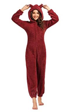 JULGIRL Damen-Fleece-Einteiler, Flauschiger Pyjama, langärmelig, einteilig, mit Reißverschluss, warme Kapuze, Plüsch-Nachtwäsche von JULGIRL