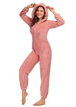 JULGIRL Damen-Fleece-Einteiler, Flauschiger Pyjama, langärmelig, einteilig, mit Reißverschluss, warme Kapuze, Plüsch-Nachtwäsche von JULGIRL