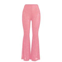 Damen Rave Mesh Sheer Pants Flared Bell Bottom Pants for Dance Festival Clubwear, Pink, M von JUMISEE