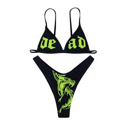 JUMISEE Damen-Bikini-Set mit Totenkopf-Buchstaben-Muster, Gothic-Bikini-Set, 2-teilig, hohe Taille, Bande, Grün , Medium von JUMISEE