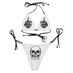 JUMISEE Damen-Bikini-Set mit Totenkopf-Buchstaben-Muster, Gothic-Bikini-Set, 2-teilig, hohe Taille, Bande, Weißes Totenkopf-Muster, Medium von JUMISEE