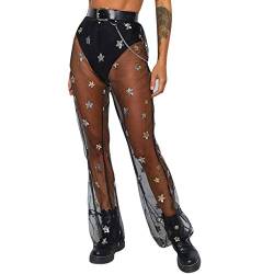 JUMISEE Rave Damen Rave Sheer Mesh Stern Pailletten Ausgestellte Hose Hohe Taille Glöckchen Bottom Hose für Party Festival - Schwarz - Klein von JUMISEE