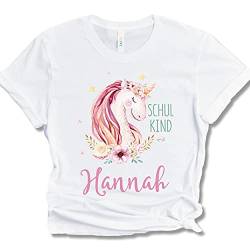 Einschulung Mädchen T-Shirt Personalisiert mit Name - Einhorn T-Shirt Schulkind 2021 Geschenk (5/6 (110/116)) von JUNALOO