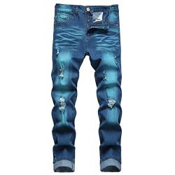 JUNBAOSS Herren Regular Fit Straight Leg Jeans Ripped Jeans f?r Herren Distressed Destroyed Fashion Denim Jeans Hose mit L?chern, D#Sky Blue Ripped, 48 von JUNBAOSS