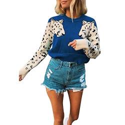 JUNBOON Damen Pullover mit Leopardenmuster, langärmelig, Rundhalsausschnitt, Strickpullover - Blau - Mittel von JUNBOON
