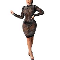 JUNBOON Damen Sexy Mesh Durchsichtig Strass Bodycon Reißverschluss Midi Kleid Clubwear Outfit - Schwarz - Mittel von JUNBOON