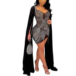 JUNBOON Damen Sexy Spaghettiträger, V-Ausschnitt, Strassverzierung, figurbetont, Midi, glitzerndes Kleid, 2-schwarz, 5X-Groß von JUNBOON