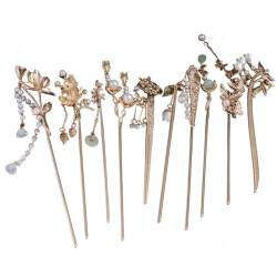 10 Stück Vintage Perlenblumen-Haarstäbchen, goldene chinesische Haar-Accessoires mit Anhänger, chinesische Metall-Haarstäbchen, goldene chinesische Haar-Accessoires für Hochsteckfrisuren und von JUNCHUANG
