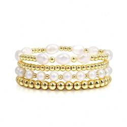 4-teiliges Gold-Perlen-Armband-Set, barocke Perlen, stapelbar, 14 Karat vergoldete Armbänder, Goldschmuck für Damen, trendiges, nicht anlaufendes, mit Gold gefülltes Perlen-Kugel-Stapel-Armband von JUNCHUANG