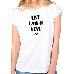 JUNIWORDS Damen T-Shirt Rolled up Sleeves - Live Laugh Love - Wähle Größe & Farbe - Größe: M - Farbe: Weiß von JUNIWORDS