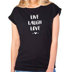 JUNIWORDS Damen T-Shirt Rolled up Sleeves - Live Laugh Love - Wähle Größe & Farbe - Größe: S - Farbe: Schwarz von JUNIWORDS