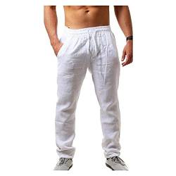 JUNWEI Herren Leinenhose Sommerhose Einfarbig Leinen Mit Kordelzug Straight Regular Fit Lockere Lässige Leinenhose Sporthose (Color : Blanc, Size : L) von JUNWEI