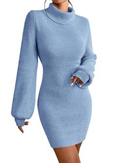 JUOIANTANG Frauen Pullover Dresses Sexy Party Kleider Bishop Ärmel A Linie Dresses Blau XL von JUOIANTANG