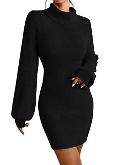 JUOIANTANG Herbstkleider für Damen Kleid Winter Rollkragen Strickkleid Lang Ärmel Gestrickte MiniKleid Party Kleider Schwarz L von JUOIANTANG