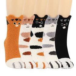 JUPSK Damen Kuschelsocken Winter Warme Korallen Fleece Lustige Katzenpfote Crew Socken für Damen und Mädchen 36-42, 5 Paar von JUPSK