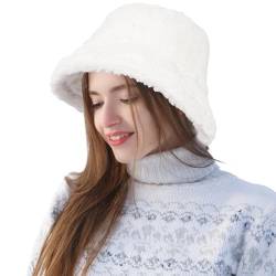 JUPSK Winterwarme Pelzige Eimermütze, Kunstfellmütze Fischermütze für Frauen mit Winddichtem Riemen, Weiche Flauschige Mütze, Bequemes und Gemütliches Winteraccessoire von JUPSK