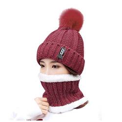 JUST Beanie Women's Winter Hat Warm Loop Scarf and Knitted Hat Set Knitted Scarf Windproof Skull Cap with Fleece Lining for Outdoor Sports Pullover Windproof Ear Flaps (One-size, T-a-Rotwein) von JUST