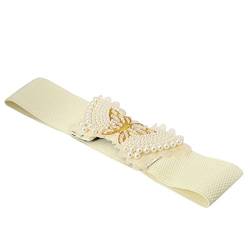 JUSTFOX - Hüftgürtel Schmetterling Stretch Taillengürtel mit Perlen Buckle Elastic Belt Creme Farbe von JUSTFOX