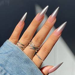 JUSTOTRY 24 Stück Grau Stiletto Nägel Zum Aufkleben Lang Motiv,Gradient French Press on Nails mit Kleber,Nude Mandel Künstliche Nägel,Spitz Fingernägel Fake Nails für Frauen Nail Art von JUSTOTRY