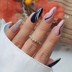 JUSTOTRY 24 Stück Mandel Nägel Zum Aufkleben Kurz,Pink French Press on Nails, Gold Swirl Stiletto Kunstnägel Fake Nails mit Nagelkleber,Acryl Fingernägel Künstliche Nägel Mittel für Frauen von JUSTOTRY