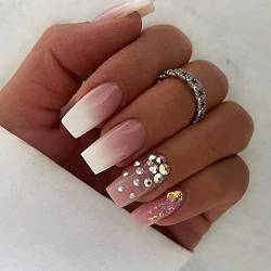 JUSTOTRY 24 Stück Sarg Nägel Zum Aufkleben Lang mit Strass,Milchig French Künstliche Nägel,Pink Ballerina Kunstnägel Press on Nails mit Kleber,Schöne Coffin Fingernägel Fake Nails Mittel für Frauen von JUSTOTRY