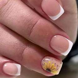 JUSTOTRY 24 Stück Weiß Eckig Nägel Zum Aufkleben Kurz,Schöne Sonnenblume Press on Nails mit Kleber,Glossy Kunstnägel Fake Nails für Nails Art,Square French Fingernägel Künstliche Nägel für Frauen von JUSTOTRY