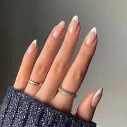 JUSTOTRY 24 Stück beige mandelfarbene kurze falsche Nägel, weißes französisches Drücken auf Nägel, gestreift, ovale mittlere Nägel zum Aufkleben für Frauen, künstliche Nägel für Nägel von JUSTOTRY
