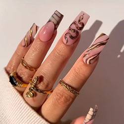 JUSTOTRY 24 Stück künstliche Nägel lang mit Schlange, weiße französische Nägel zum Aufdrücken auf Nägel, Spinne, mittelgroß, rosa Ballerina, zum Aufkleben für Frauen, Acryl-Sarg, künstliche Nägel mit Kleber für Nagelkunst von JUSTOTRY