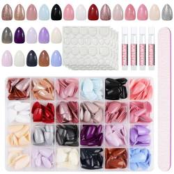 JUSTOTRY 576 Pcs Gel Mandel Nägel Zum Aufkleben Kurz,Bunt Glitzer Press on Nails Set,Glossy Kunstnägel Fake Nails mit Nagelfeile,Oval Fingernägel Künstliche Nägel für Frauen von JUSTOTRY