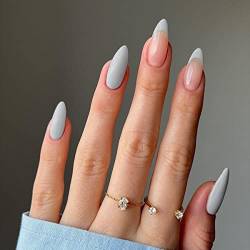 JUSTOTRY Künstliche Fingernägel, Mandel, kurz, hellgrau, French Press on Nails Muster, glänzend, mit Nagelkleber, Stiletto, mittelgroß, zum Aufkleben, für Frauen und Jugendliche, 24 Stück von JUSTOTRY