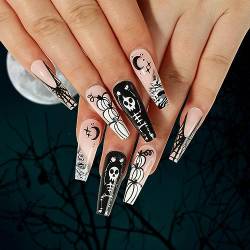 JUSTUSNX 24 stücke Schwarz Quadrat Falsche Nägel Menschliches Skelett Gefälschte Nägel Halloween Druck auf Nägel für Frauen und Mädchen (A) von JUSTUSNX