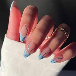 JUSTUSNX 24pcs Mandel Französisch gefälschte Nägel Blau Kanten Nude Falsche Nägel Gold Folie Silber Glitter Welle Presse auf Nägel für Frauen und Mädchen (B) von JUSTUSNX