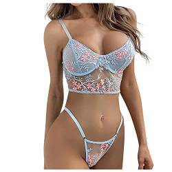 JUTOO Damen Dessous Reizwäsche, Body Sexy Spitze Sey Erotisch Stickerei Hohl Durchsichtige Unterwäsche Zweiteiliger Anzug Set Latex Frauen String Tanga Set Tanga Reizwaesche Sey (S, Hellblau) von JUTOO