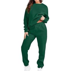 JUTOO Hausanzug Damen, Traingsanzug Jogginganzug Rundhalsausschnitt Lange Ärmel Top + Hose Sportanzug 2 Stück Dresy Damskie Komplety Damen Sportanzüge Hoginganzug Set (XXL, Dark Green) von JUTOO