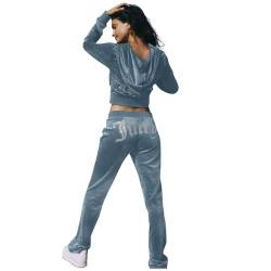 JUTOO Jogginganzug Damen Baumwolle, Hausanzug Kuschelig Casual Trainingsanzug Sports Verdickter Lose Bedruckter Anzug Festlich Elegant Jogging Plüsch Schlafanzug Set (L, Light Blue) von JUTOO