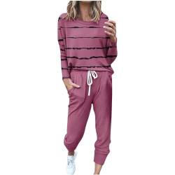 JUTOO Jogginganzug Damen Set, Tracksuit Langarm Hoodie Jogger Rundhalsausschnitt Zweiteiliges Outfit Trainingsanzug Set Joggin Anzüge Sommer Hausanzug Set Elegant Set (3XL, Hot Pink) von JUTOO