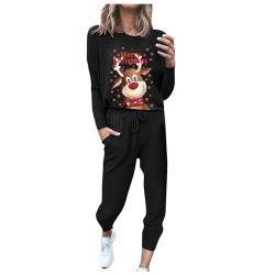 JUTOO Jogginganzug Damen Set, Weihnachtstag Traingsanzug Christmas Kapuzenpullover Lange Ärmel Top + Hose Sportanzug 2 Stück Kuscheliger Hausanzug Elegant Oversize Set Sport (S, Schwarz) von JUTOO