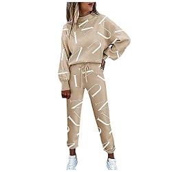 JUTOO Kuschelanzug Damen, Trainingsanzug Mode 2 Stück Set Frauen Sportanzug Farbnähte Sweatshirt + Lange Hose Jogginganzug Sportswear Yoga Outfit Damen Teiler Skianzug Set Sport (M, Khaki) von JUTOO