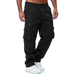 JUTOO Leinenhose Herren, Cargohose Super Stretch | Herrenhose Chino Cargo Hose Für Männer Baggy Pants Cargohosen Herren Schwarz Taschen Jogginshosen Dünn Jogginghose Cargohose (3XL, Schwarz) von JUTOO