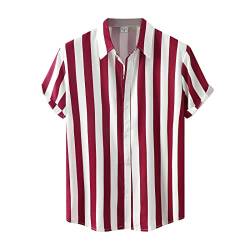 JUTOO Sommer-T-Shirts Für Männer, Button-Down Hemd Herren Business Casual Mens Button Down Kurzarm Hawaii Casual Striped Print Top Lose Comfort Short Sleeve Shirt Ärmel Leinenhemden (3XL, Red) von JUTOO