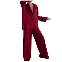 JUTOO Trainingsanzug Damen, Schlafanzug Lang Pyjama Sets Mit Knopfleiste Zweiteiliger Nachtwäsche Hausanzug Jumpsuit Damen Winter Flauschig Set Jogginanzug Für Samt Set (XL, Wein) von JUTOO