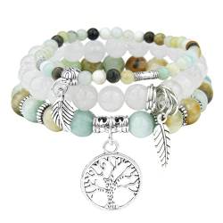 JUZICHEN 3 Stück Boho Armband Set Damen, Chakra Armband Für Frauen, Yoga Armband Damen 17-24cm, Achat Naturstein Armband Mit Lebensbaum Anhänger, Sommer Bunte Armbänder Für Damen Frauen (Farbe F) von JUZICHEN