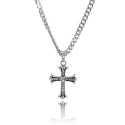 JVillion Silberne Jesus Halskette Herren, 4mm Cuban Link Kette, Edelstahl Kruzifix Anhänger, Kommunionskreuz, Konfirmationskreuz, 50-60cm, Wasserfest & Langlebig (50) von JVillion