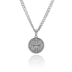 Kompass Medallion Halskette Silber Herren Nordstern Anhänger, 4mm Kubanische Kette, 50-60cm Länge, wasserfest & nicht-abfärbend (50) von JVillion